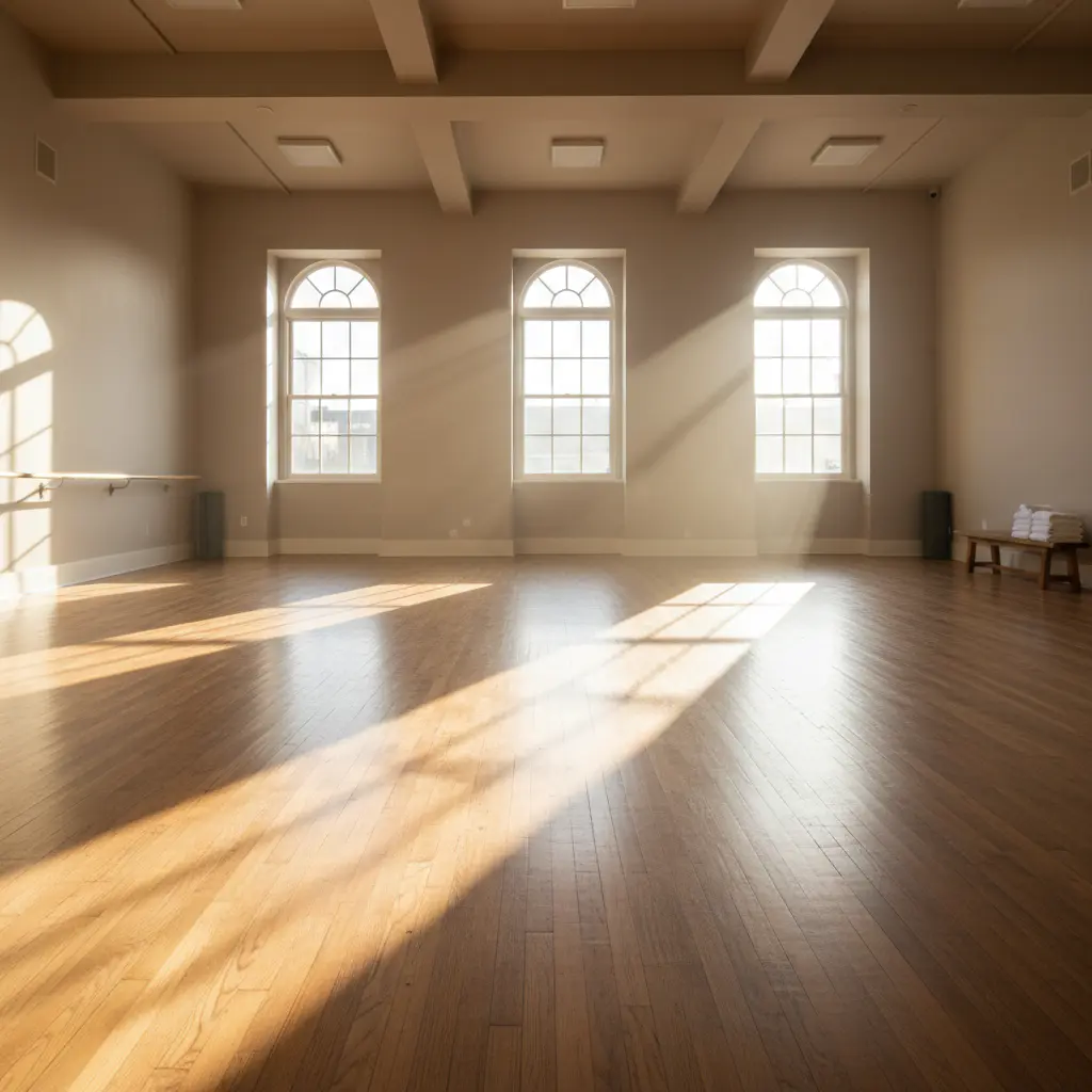 Morning light illuminating the studio floor