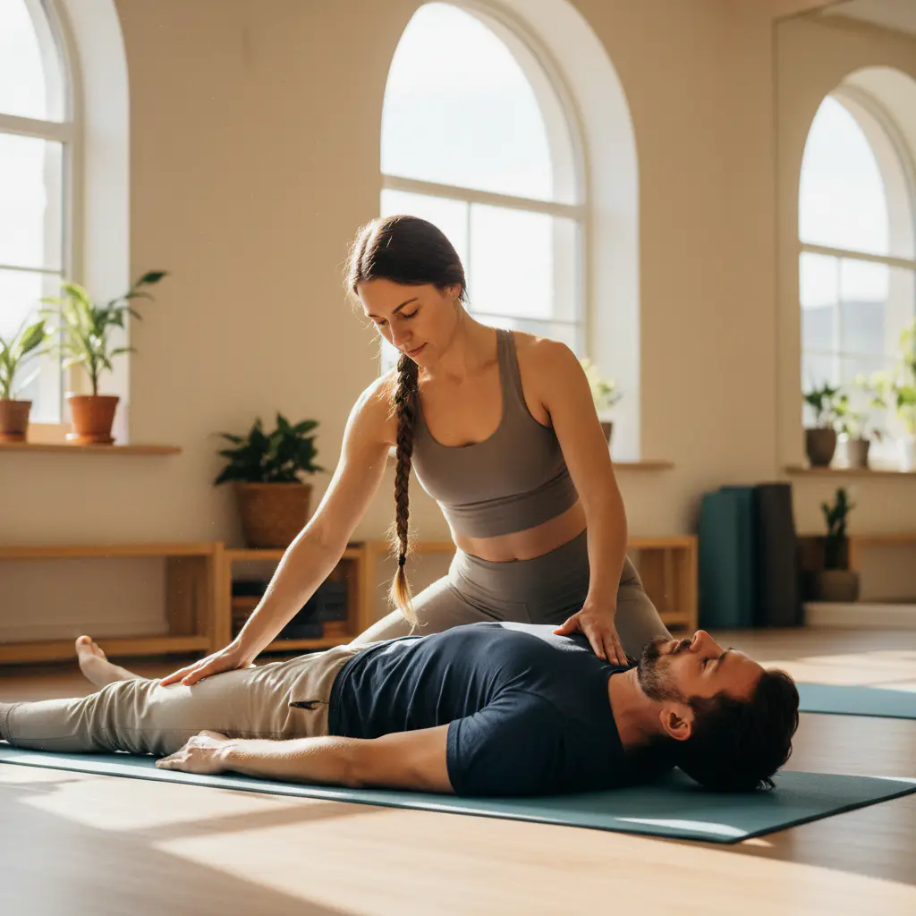 Yoga teacher adjusting posture